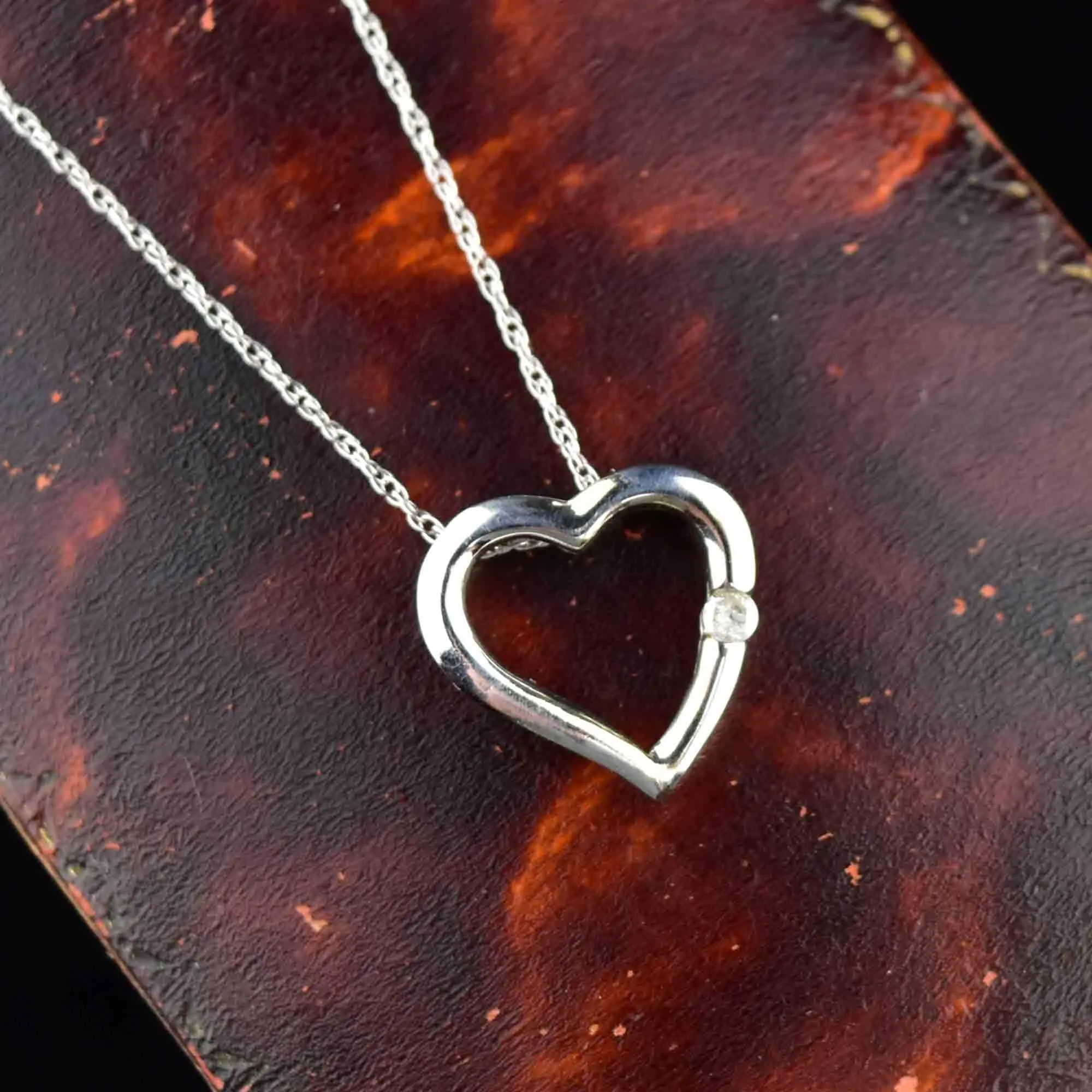 10K White Gold Diamond Heart Slider Pendant Necklace