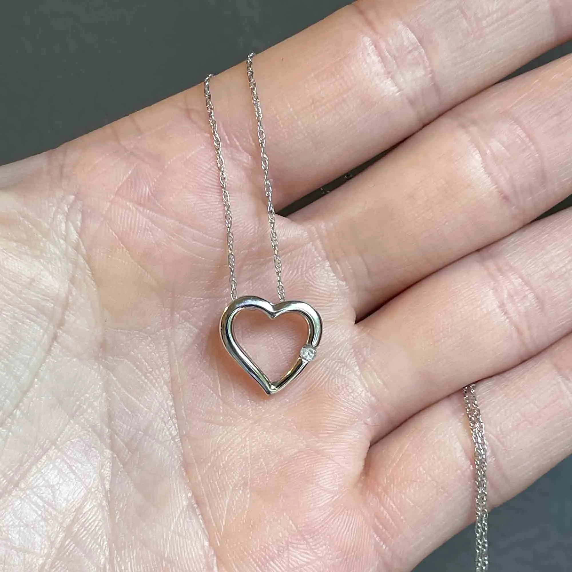 10K White Gold Diamond Heart Slider Pendant Necklace