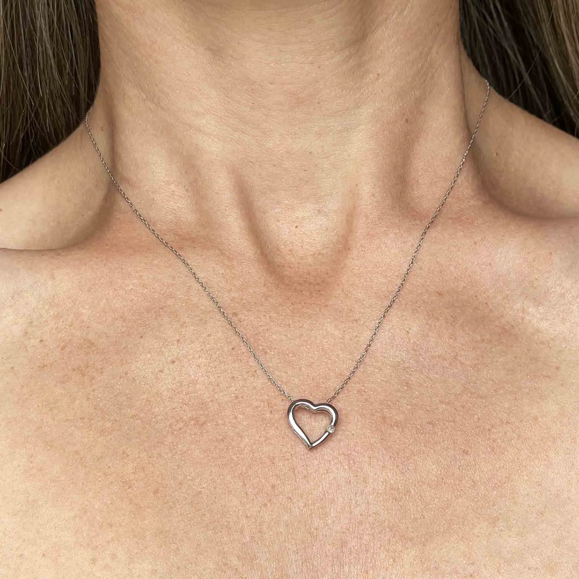 10K White Gold Diamond Heart Slider Pendant Necklace