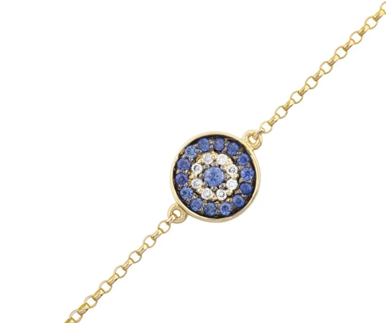 14K Gold Diamond Sapphire Evil Eye Disc Bracelet