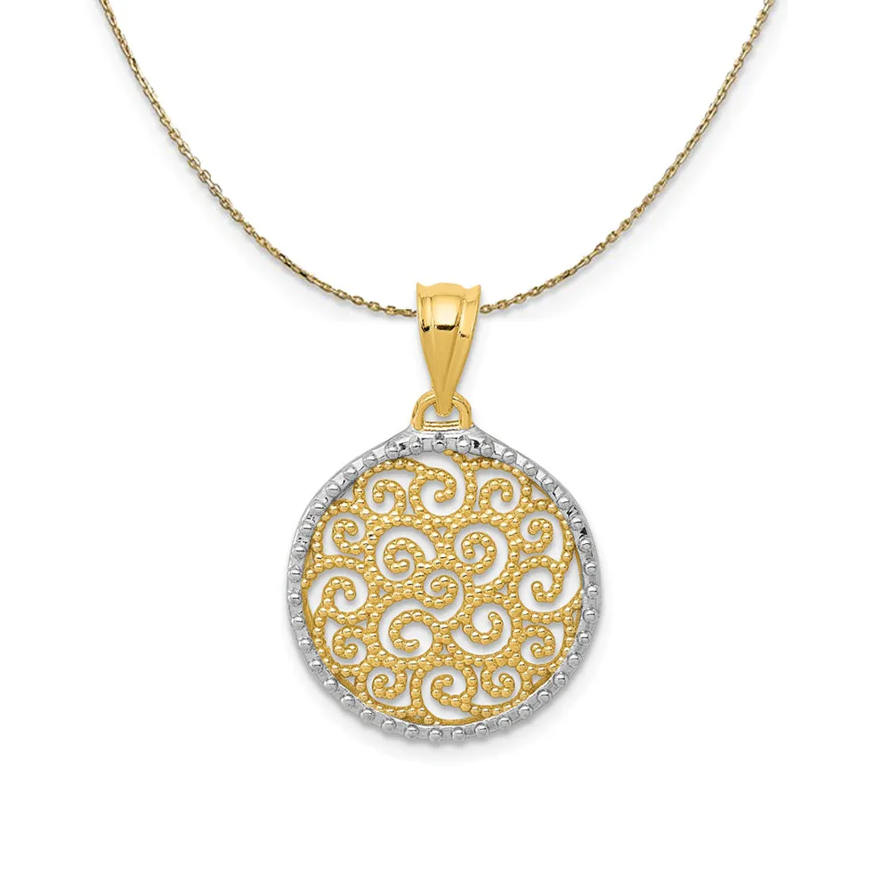 14k Yellow Gold & Rhodium Filigree Scroll Circle Necklace