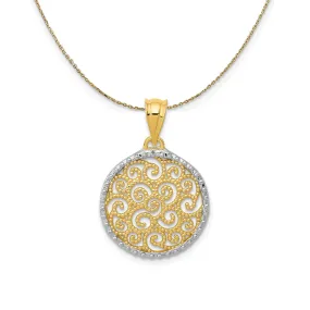 14k Yellow Gold & Rhodium Filigree Scroll Circle Necklace