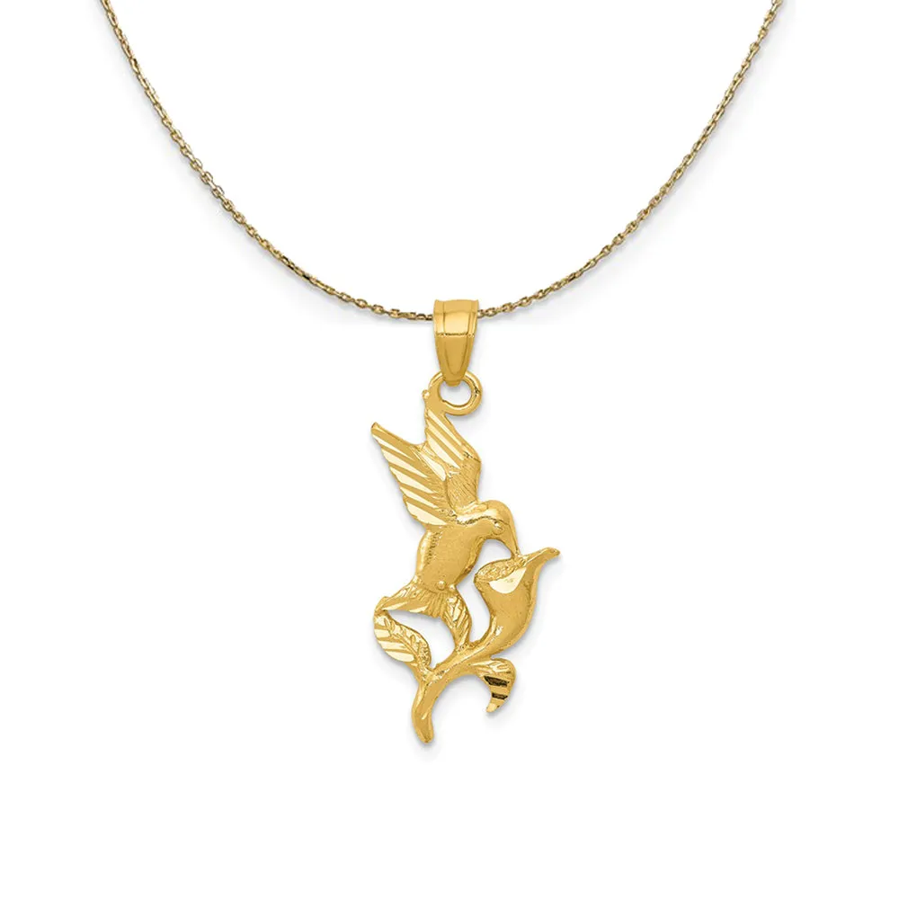 14k Yellow Gold 2D Hummingbird with Flower Necklace