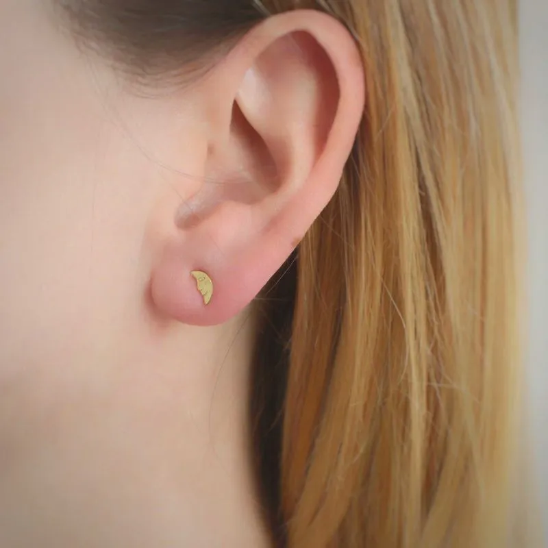 14K Yellow Gold Moon Stud Earrings