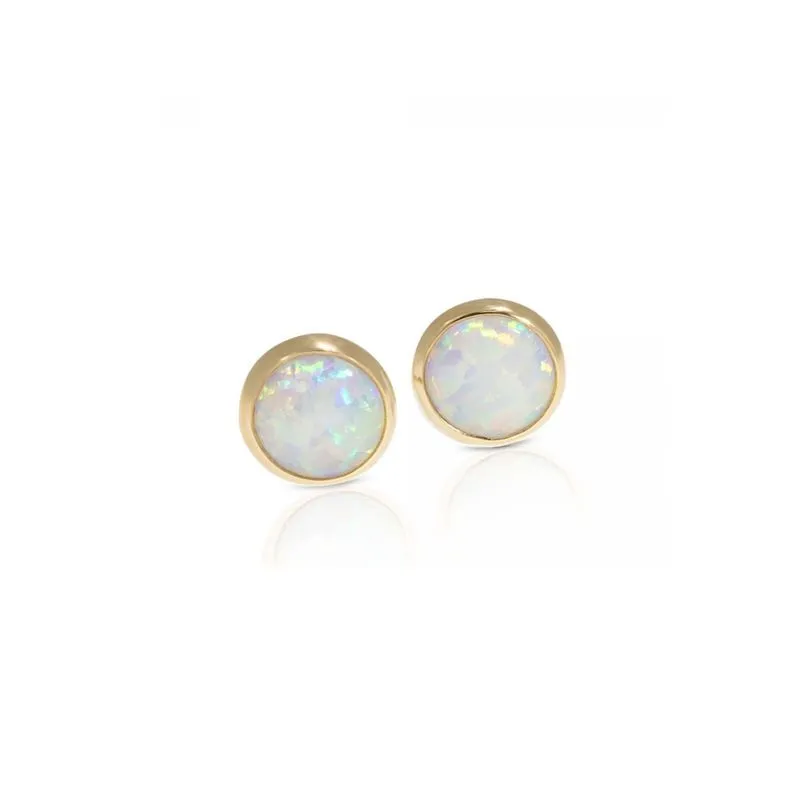 14K Yellow Gold Round White Opal 4mm Stud Earrings