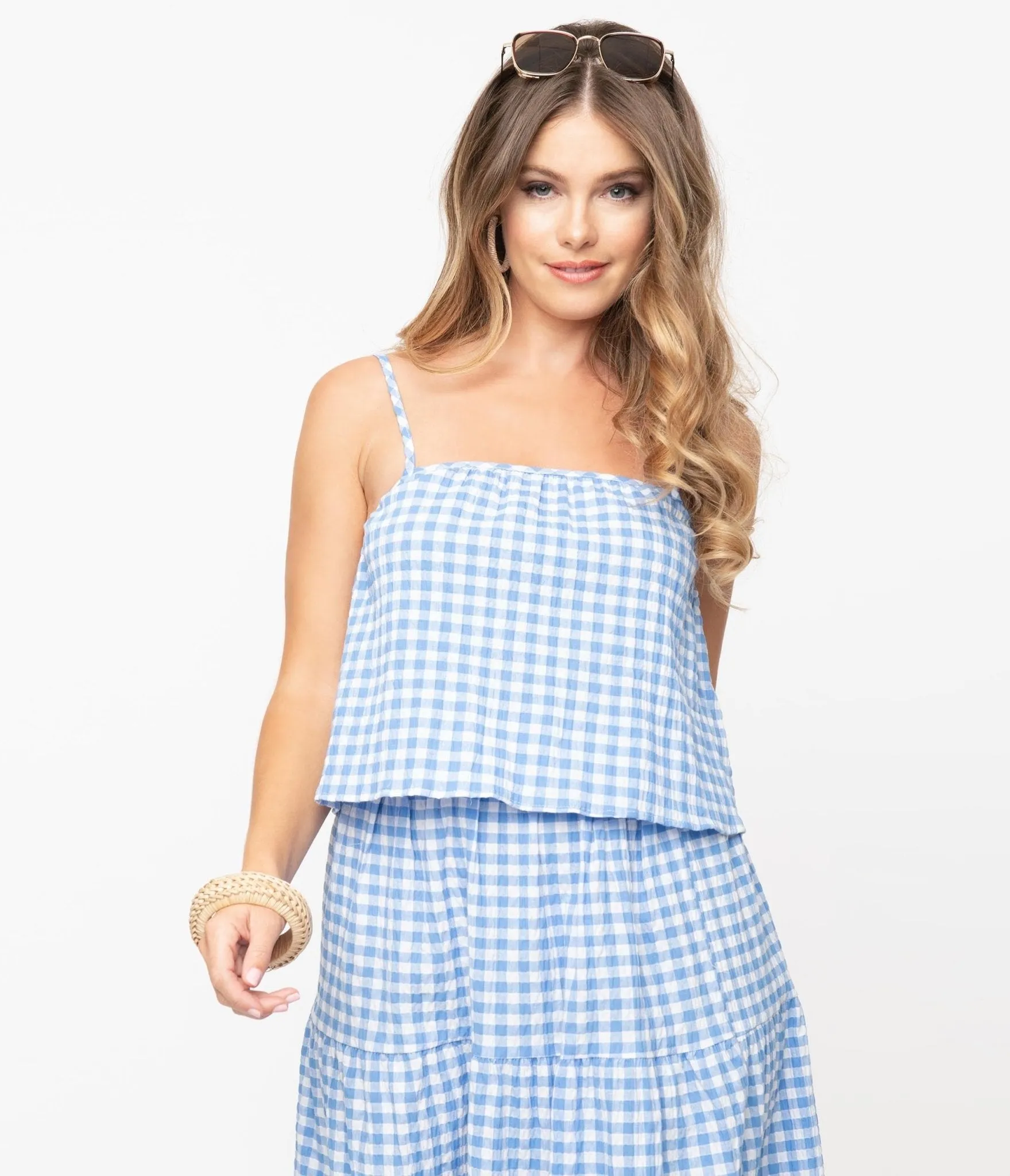 1970s Style Blue & White Gingham Crop Top