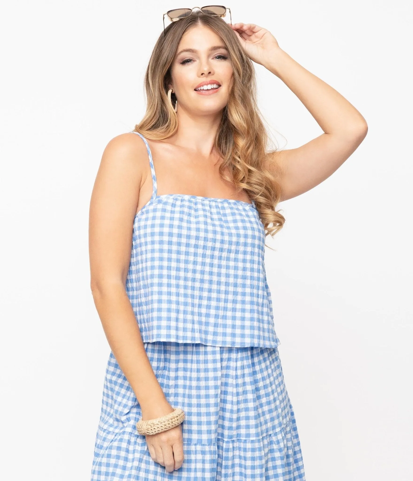 1970s Style Blue & White Gingham Crop Top