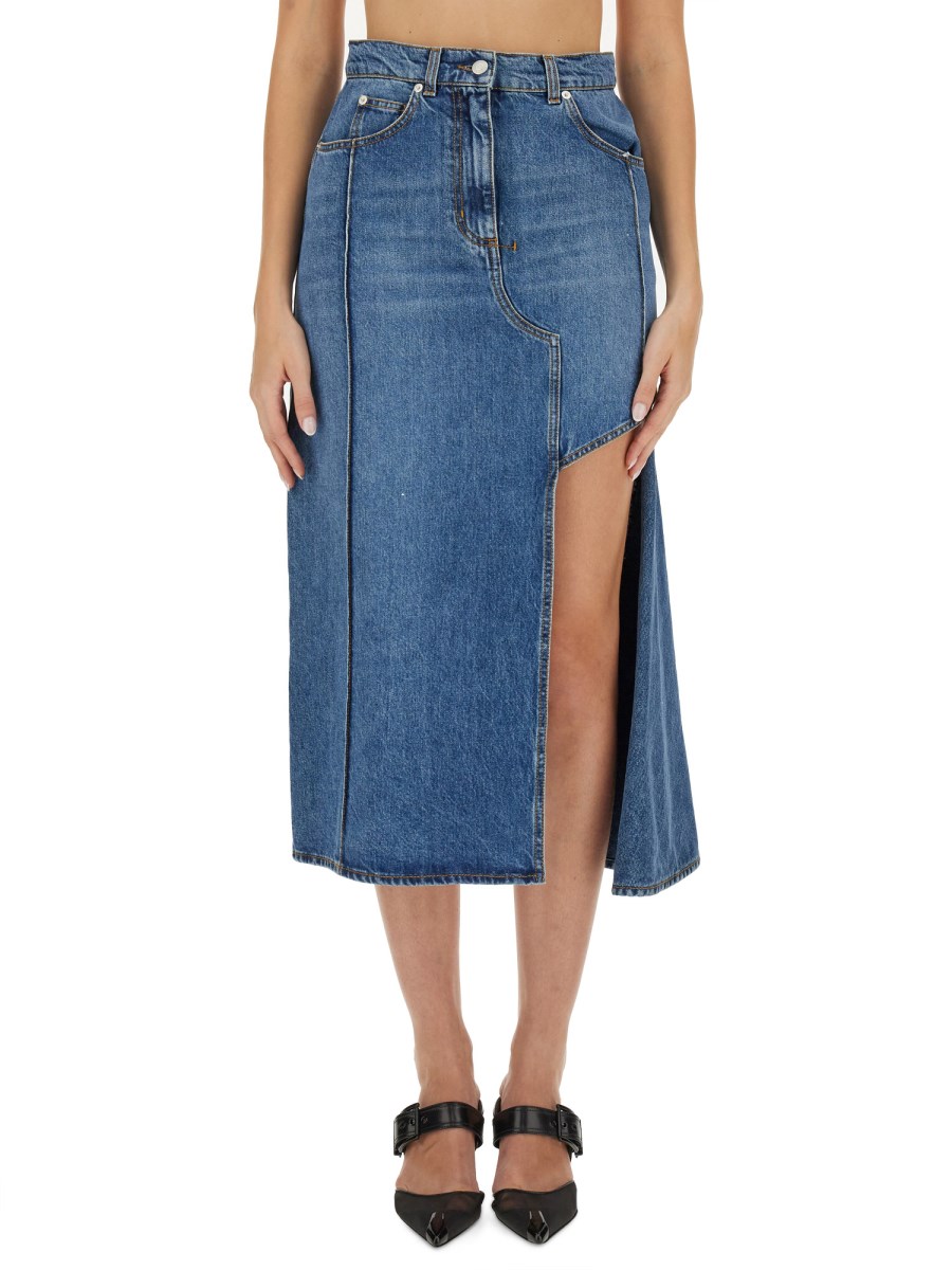 ALEXANDER McQUEEN    COTTON DENIM CUT-OUT PENCIL SKIRT