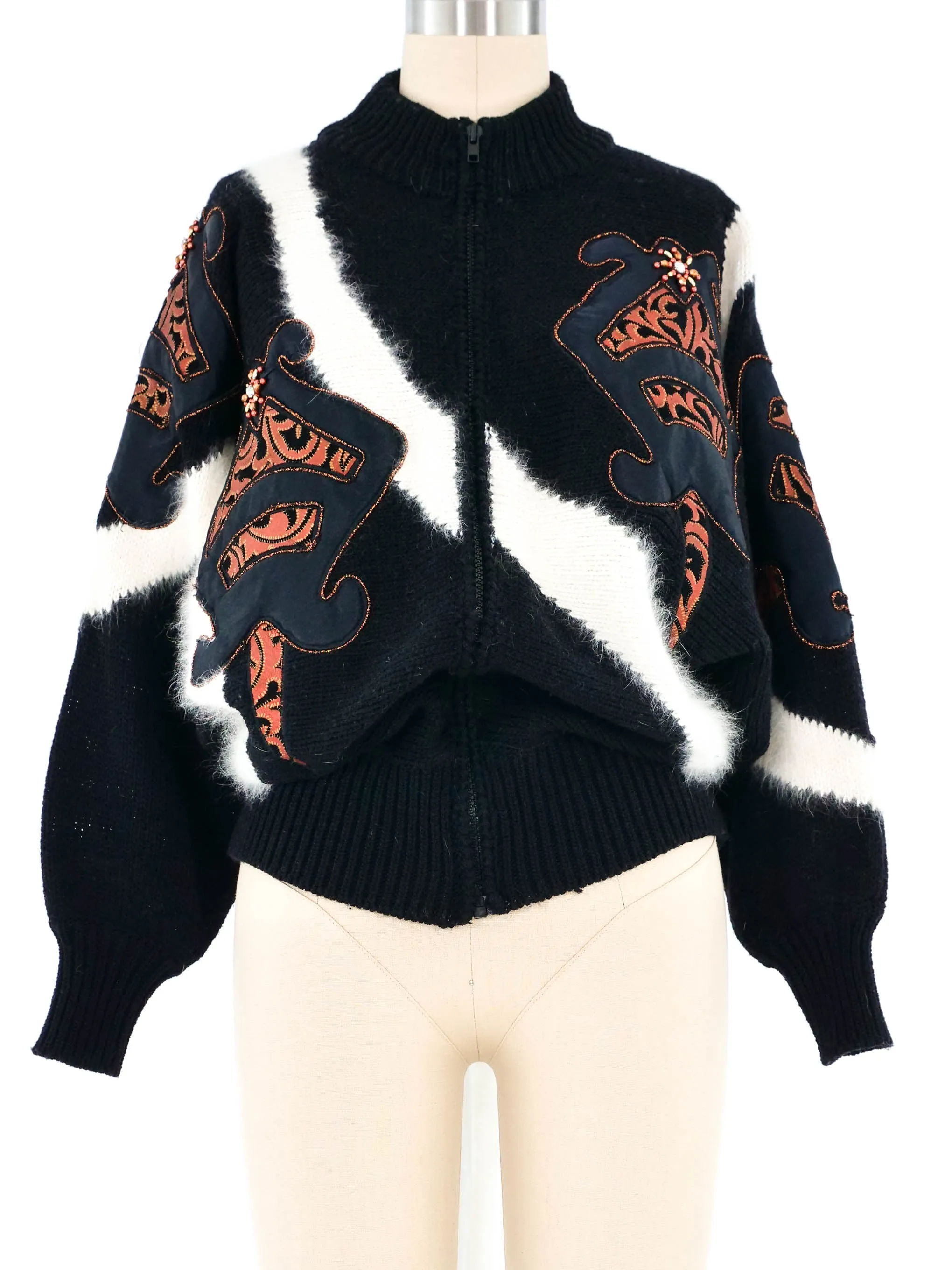 Applique Zip Front Angora Sweater