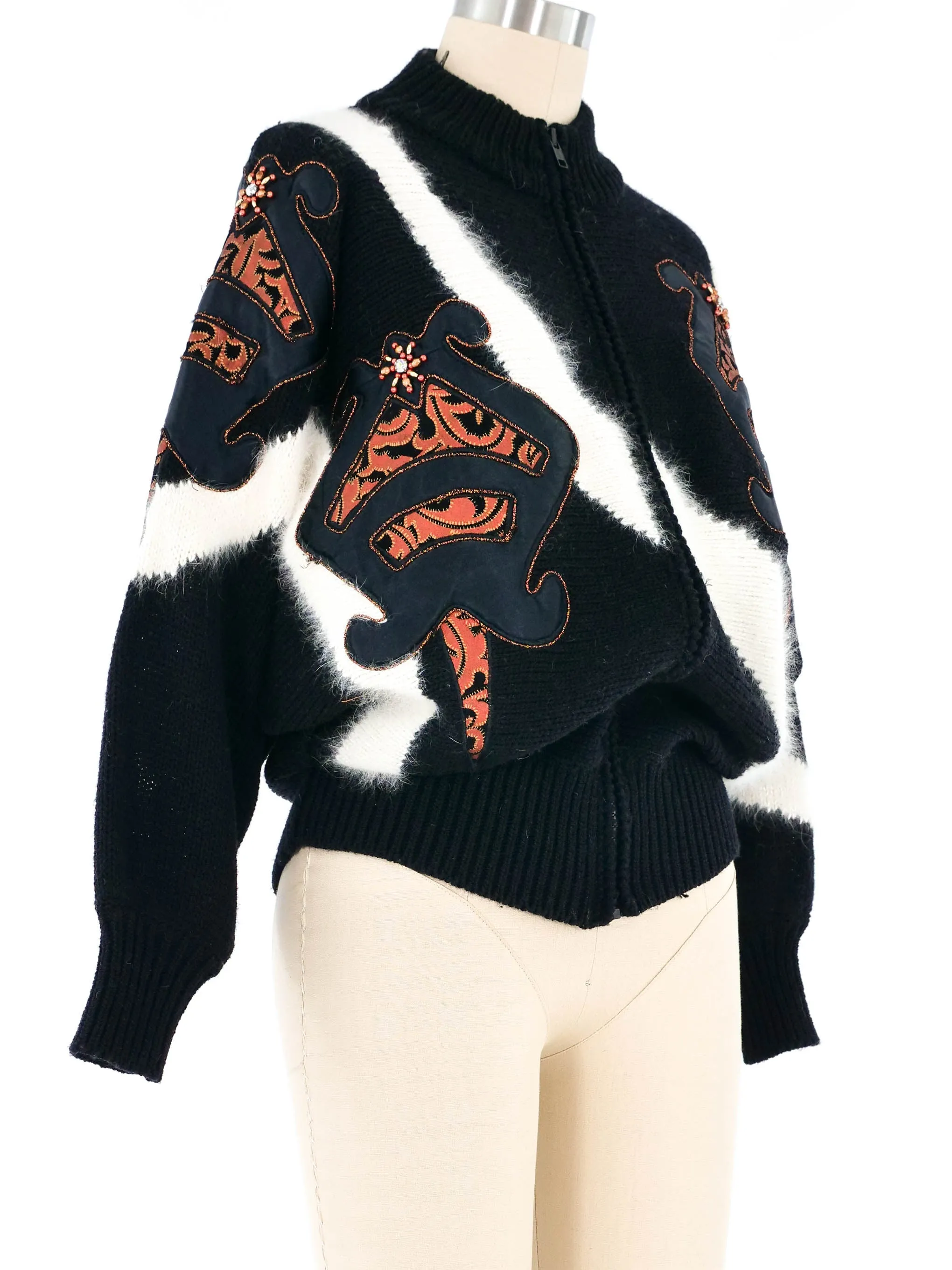 Applique Zip Front Angora Sweater