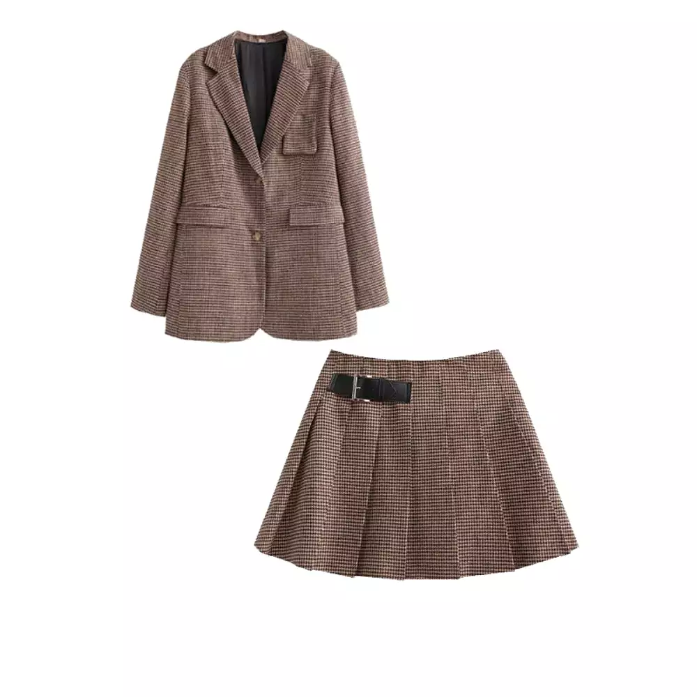 Autumn New Loose and Slim Suit Coat Leather Buckle Decoration Wide Pleated Skirt Two Piece Set