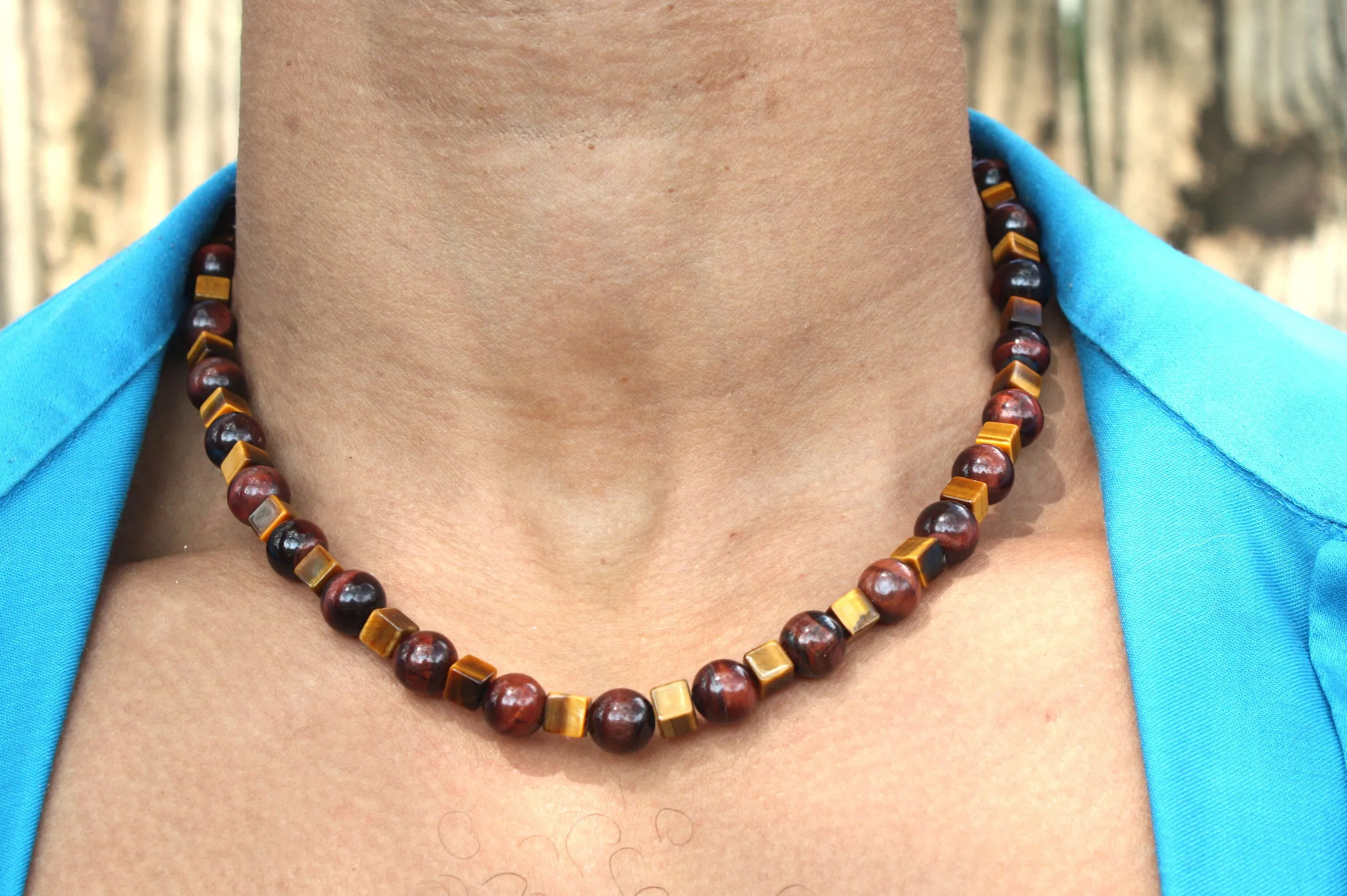 Aztec Style Tribal Necklace Red Tiger Eye Spheres Yellow Tiger Eye Cubes Crystal Beaded Necklace for Men/Women