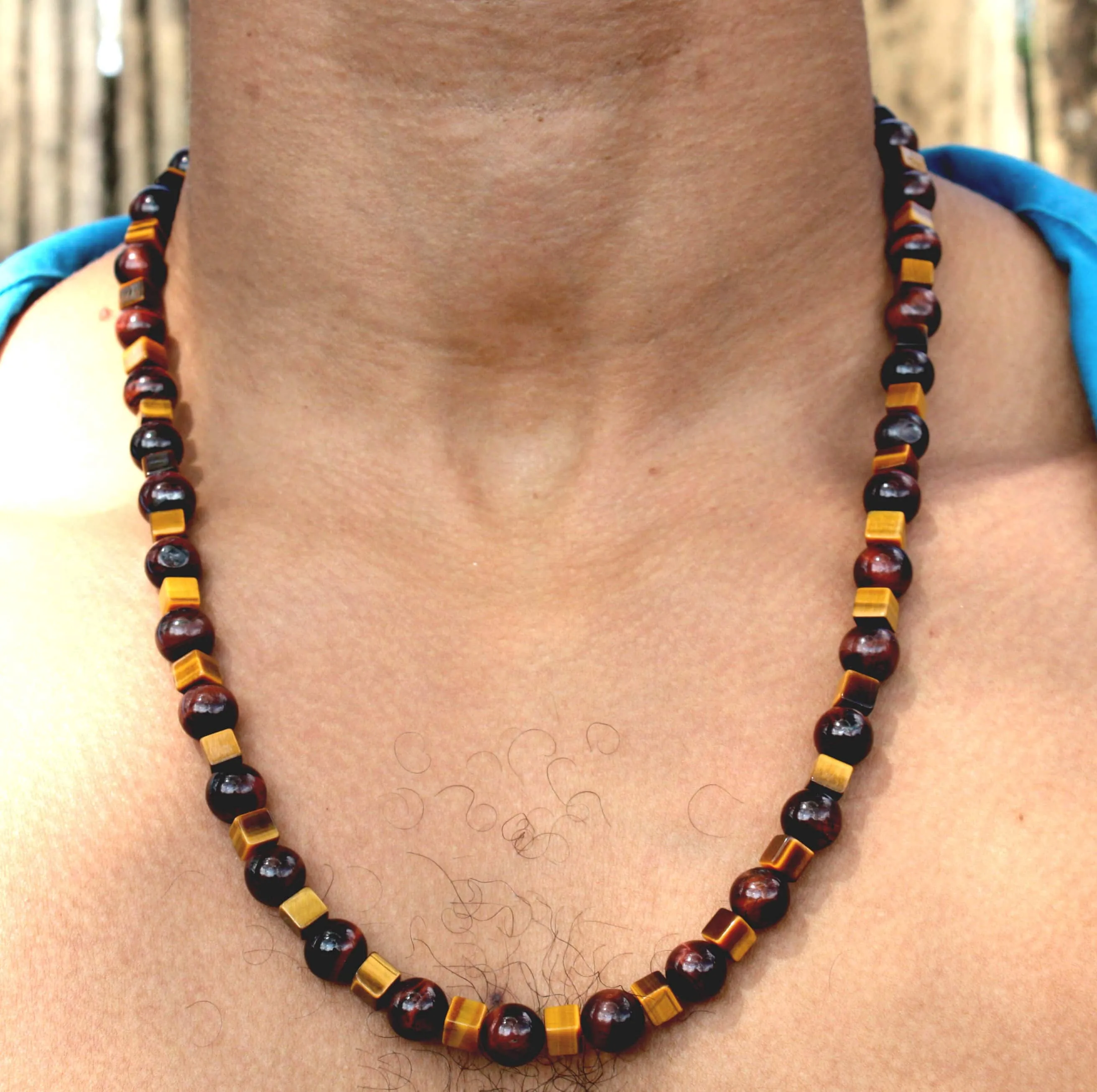 Aztec Style Tribal Necklace Red Tiger Eye Spheres Yellow Tiger Eye Cubes Crystal Beaded Necklace for Men/Women