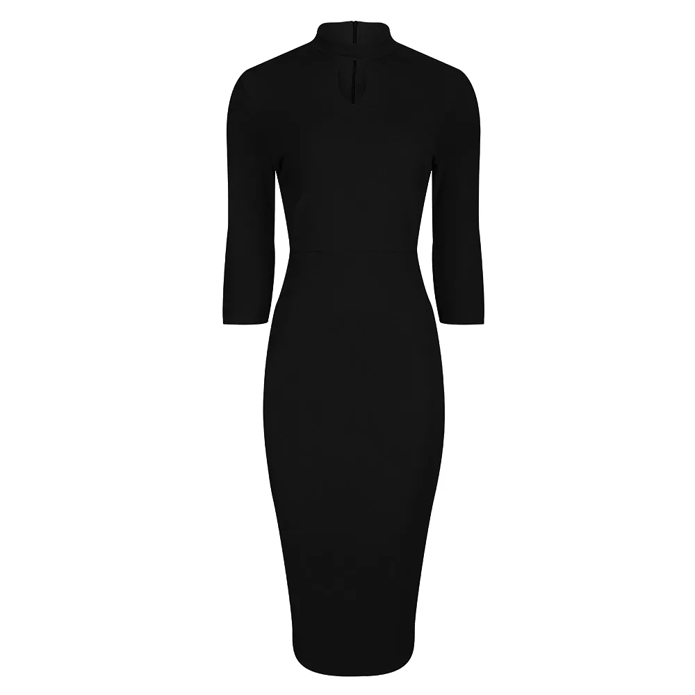 Black High Neck 3/4 Sleeve Choker Bodycon Pencil Dress