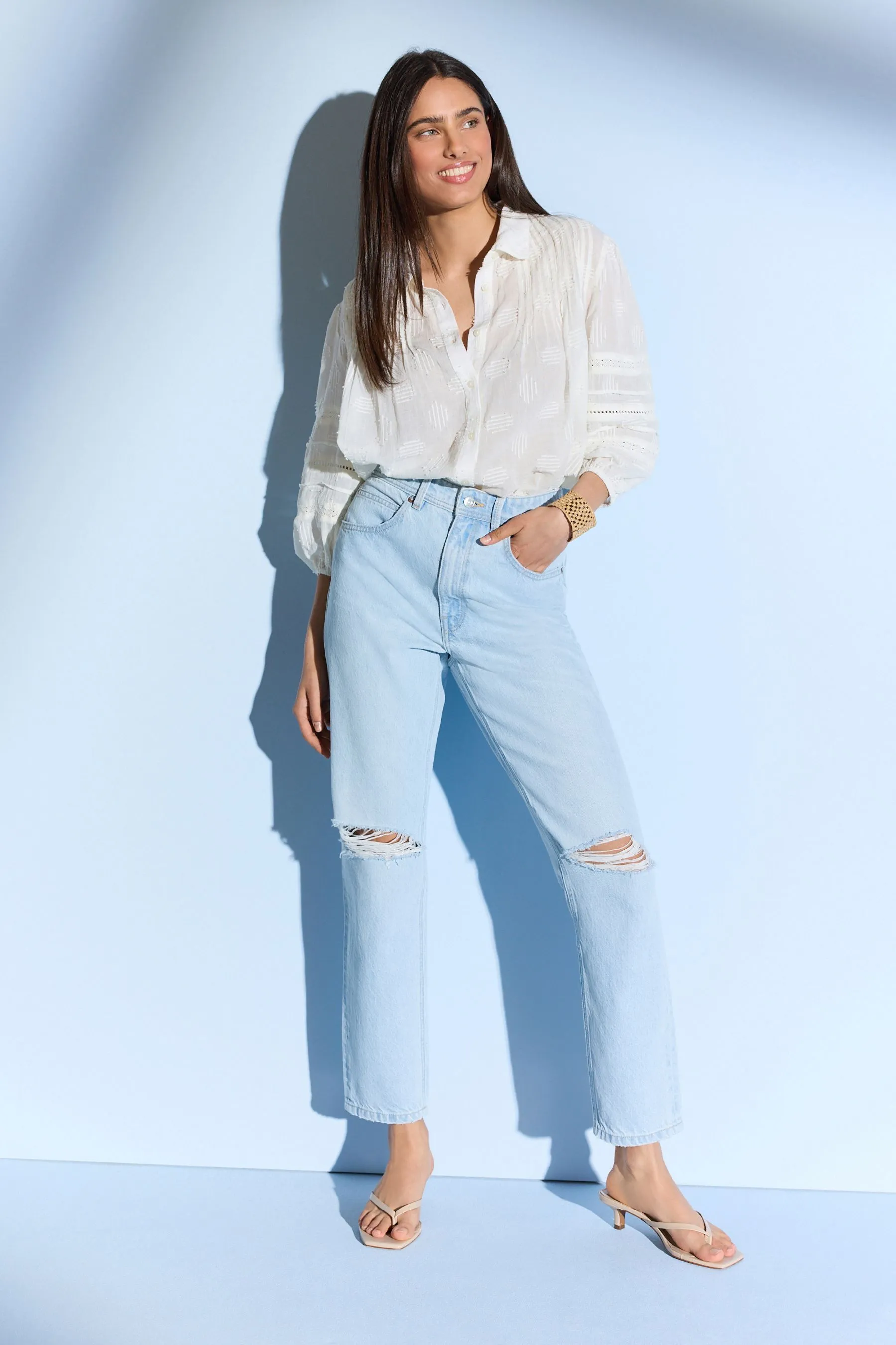 Bleach Rip 100% Cotton Column Mom Jeans