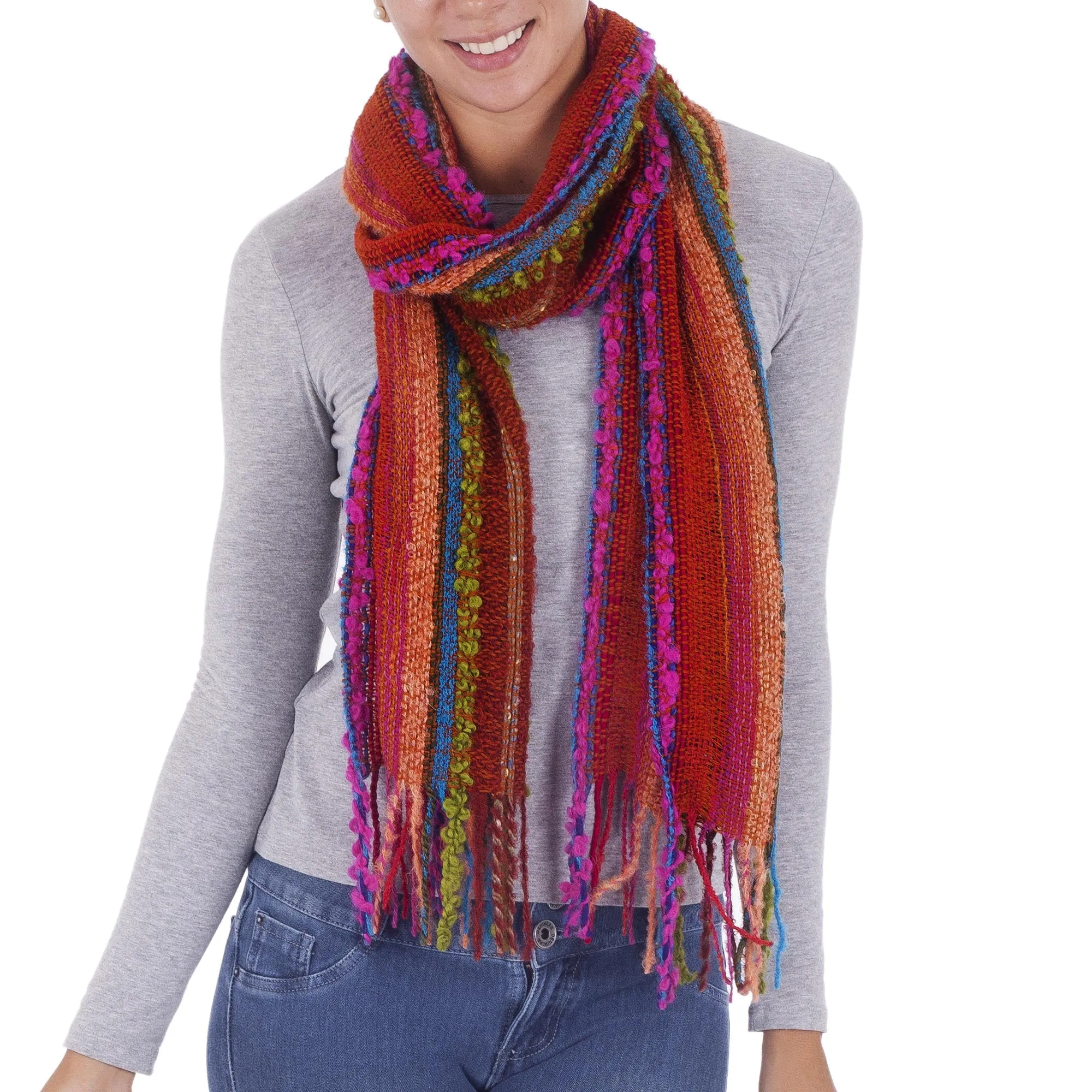 Bohemian Rainbow Hand Woven Alpaca Blend Striped Multicolored Scarf from Peru