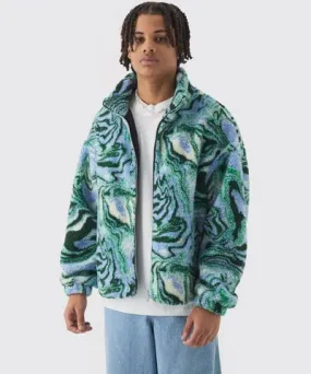 boohoo Mens Oversized Printed Borg Fleece Jacket