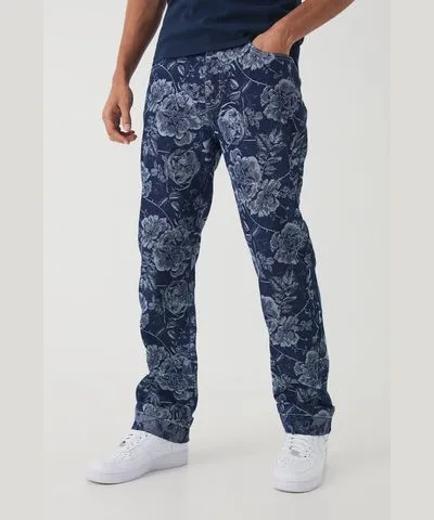 boohoo Mens Straight Leg Floral Denim Jacquard Jeans