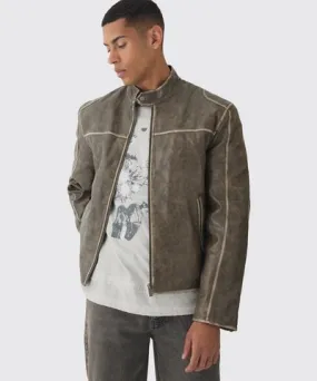 boohoo Mens Washed Seam Pu Biker Jacket In Sage