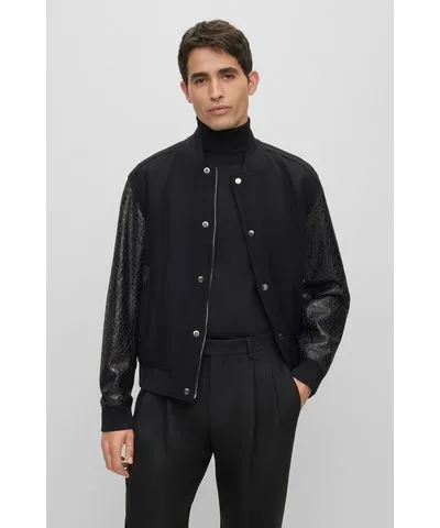 Boss Varsity-style jacket with monogram-embossed leather sleeves