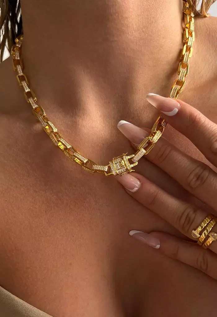 Boxy Pave Chain Necklace-Gold