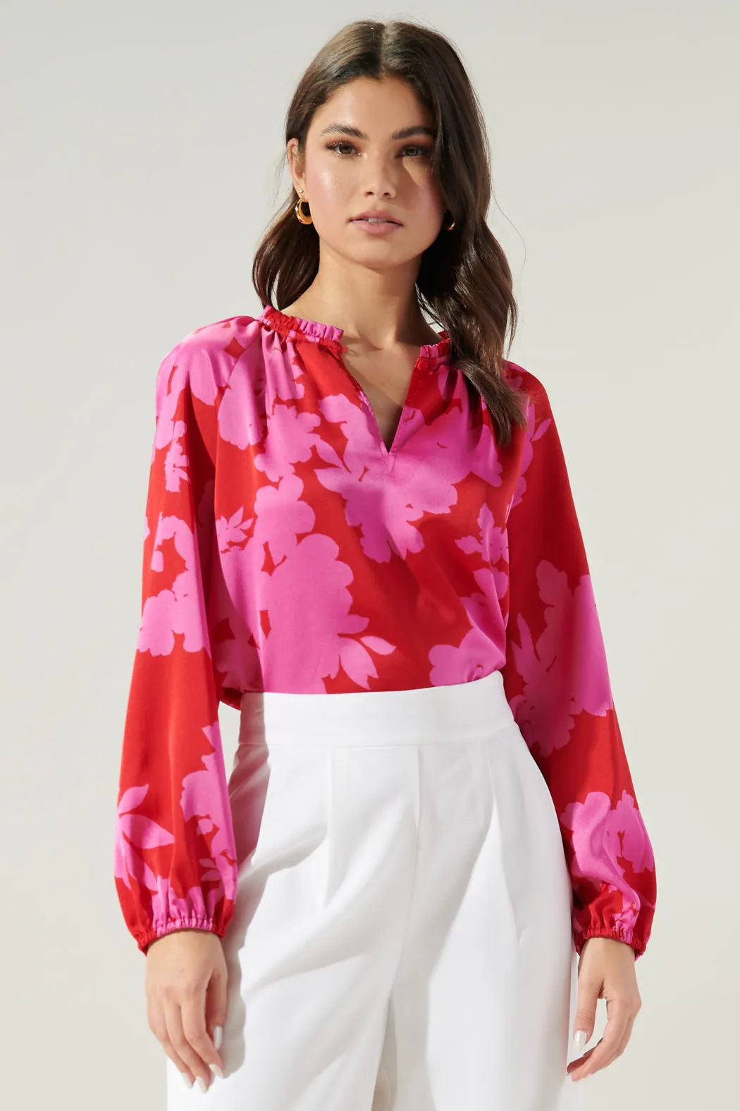 Burning Love Jovie Split Neck Satin Raglan Blouse