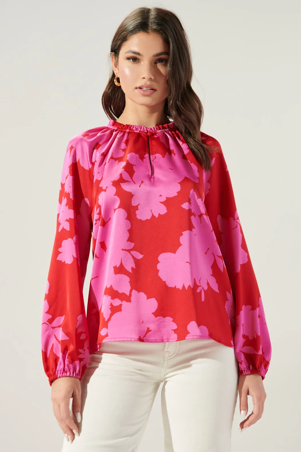 Burning Love Jovie Split Neck Satin Raglan Blouse