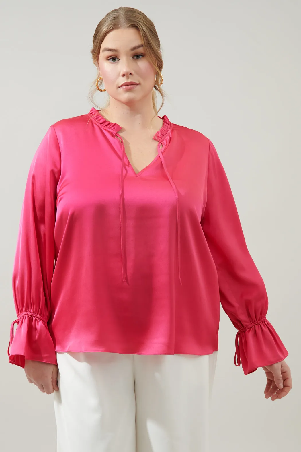 Chateau Satin Ezra Split Neck Blouse Curve