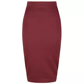 Classic Stretch Burgundy Wine Pencil Bodycon Midi Work Office Skirt