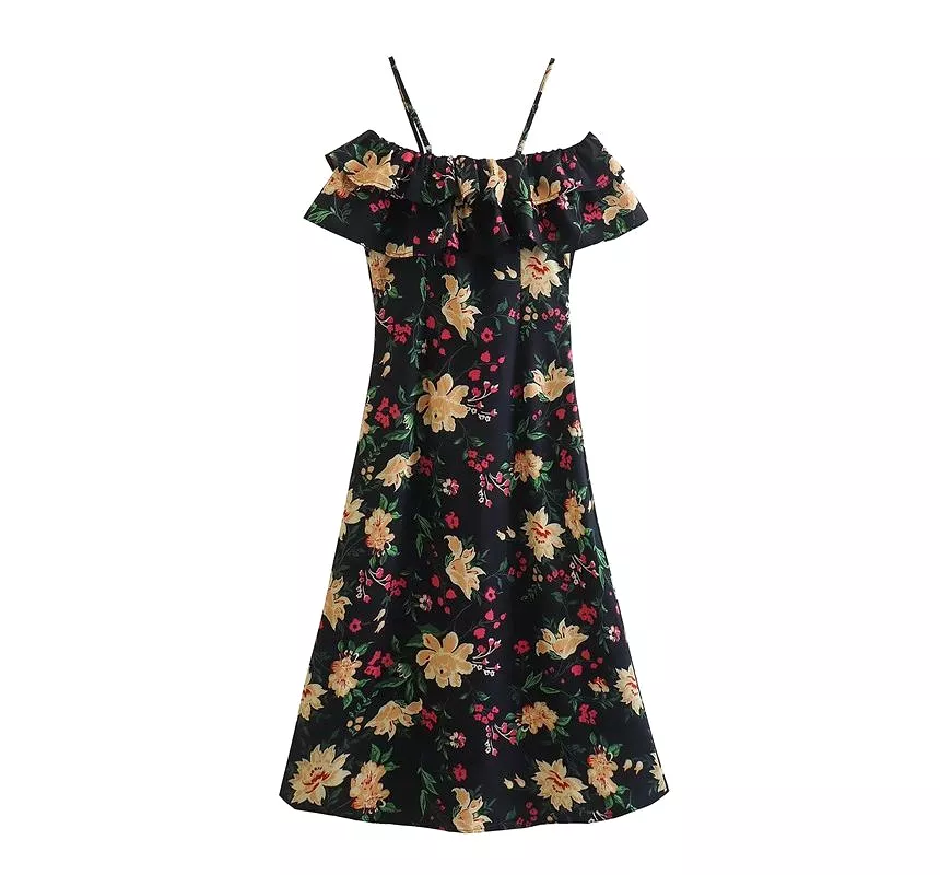 Cold-Shoulder Floral Ruffle Midi A-Line Dress kk6