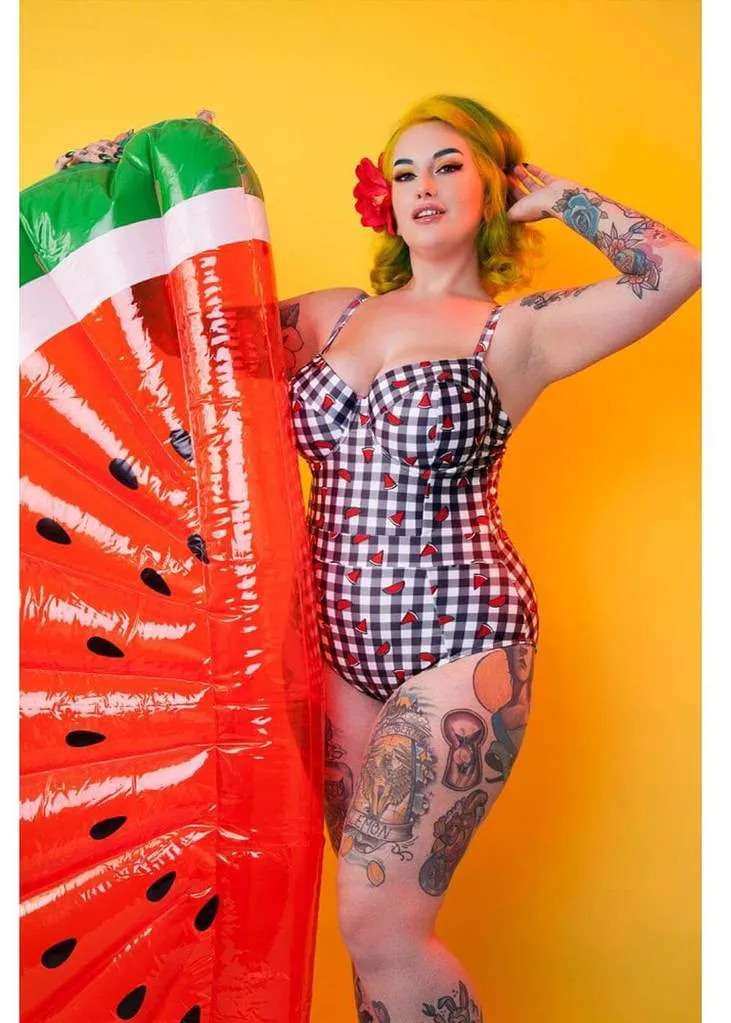 Collectif x Playful Promises Watermelon Gingham 50's Swimsuit Multi