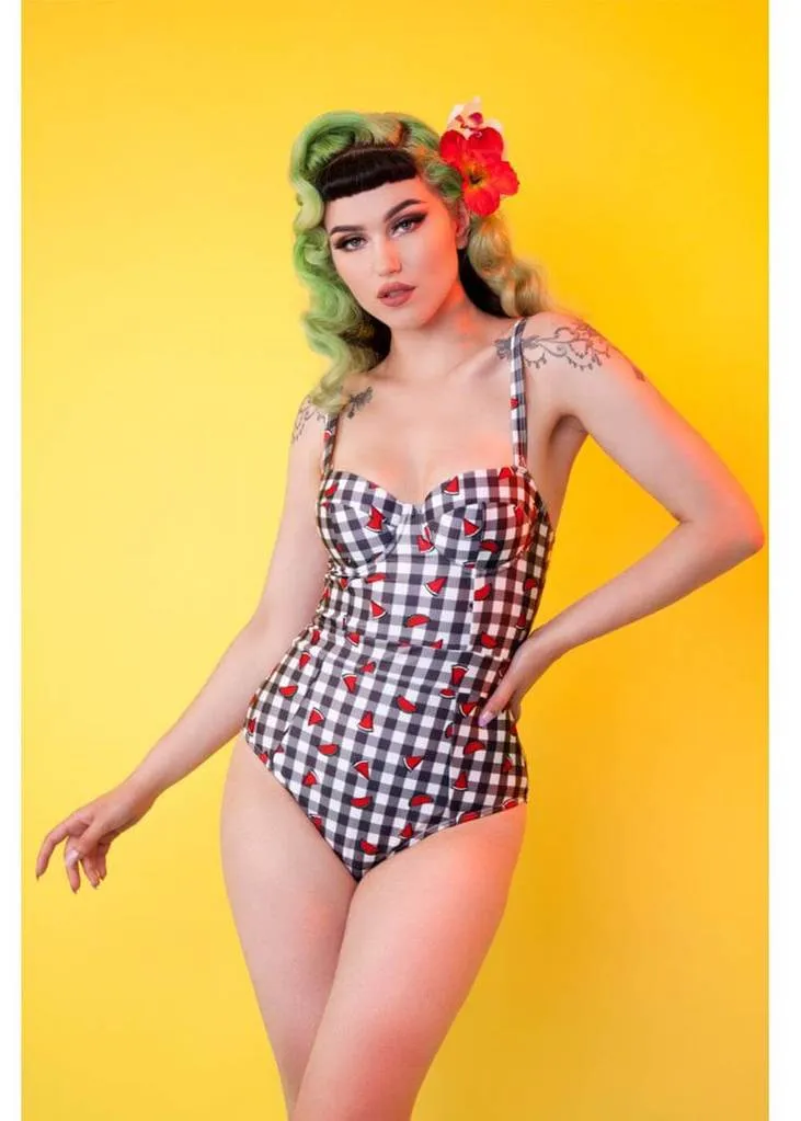 Collectif x Playful Promises Watermelon Gingham 50's Swimsuit Multi