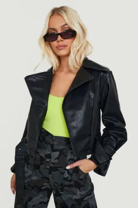 Cuff Detail Faux Leather Moto Jacket