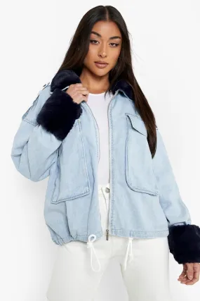 Detachable Faux Fur Trim Denim Jacket