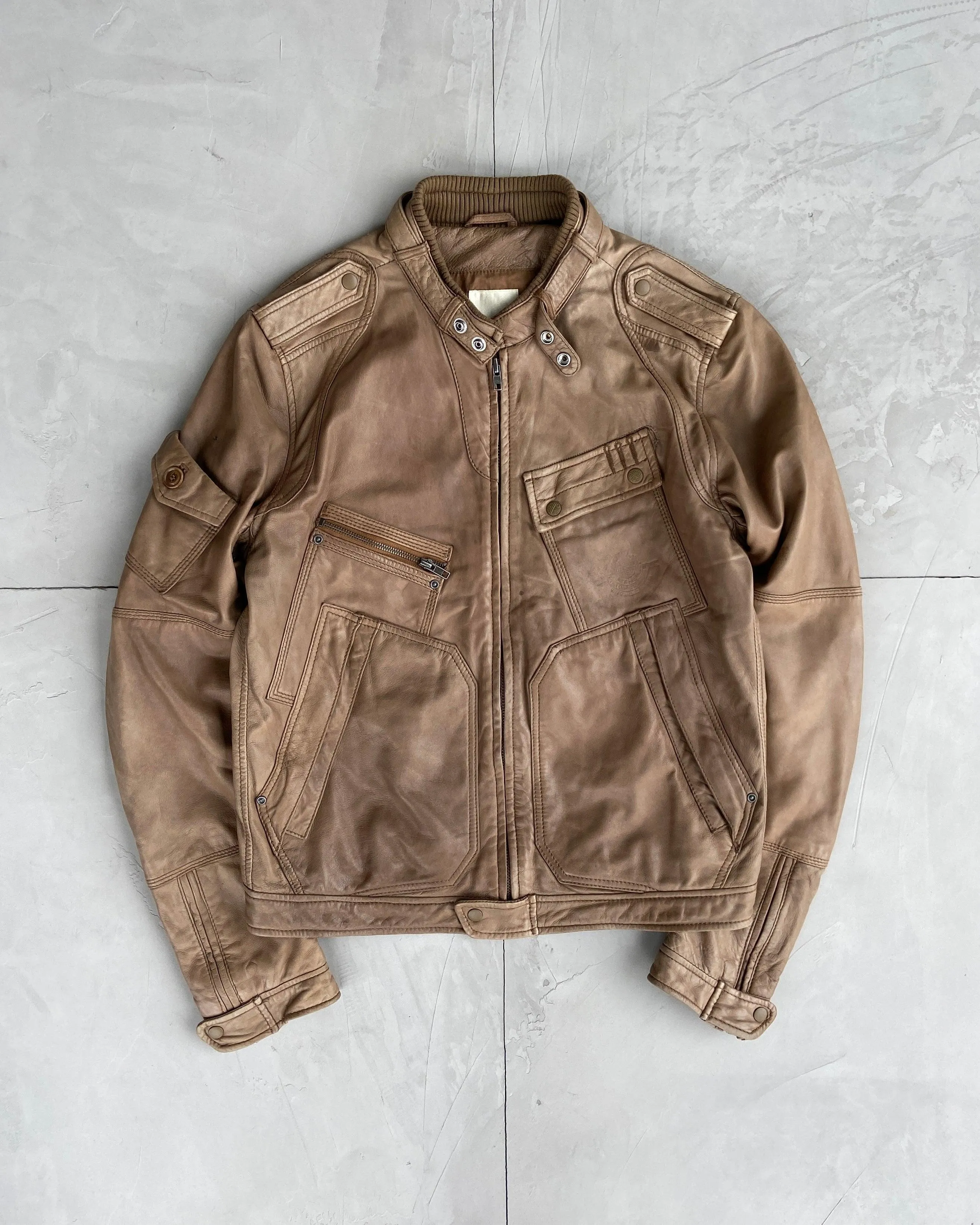 DIESEL 00'S BROWN CARGO LEATHER JACKET - L