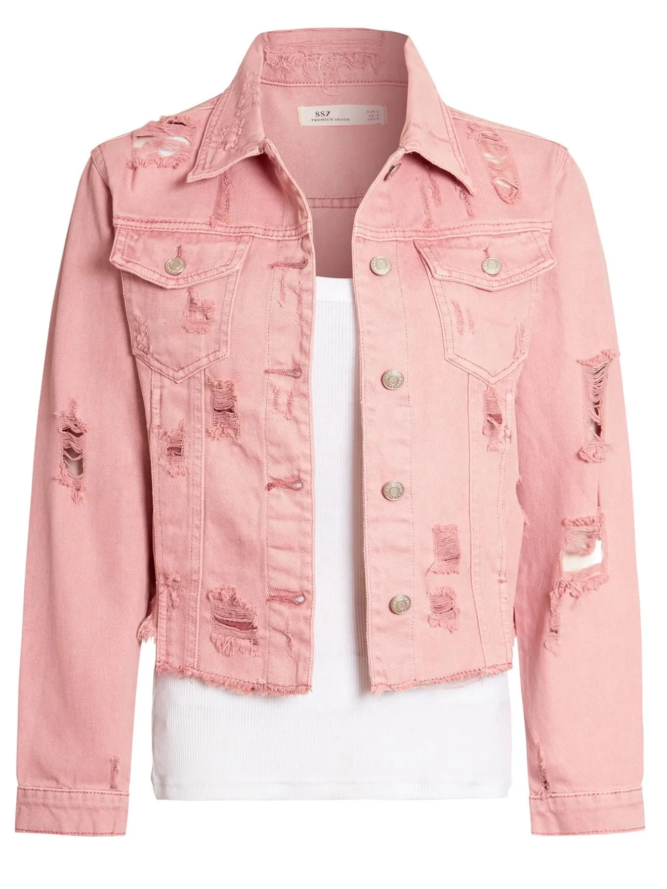 Distressed Denim Frayed Jacket, Pink, Mustard, Khaki, UK Size 8 10 12