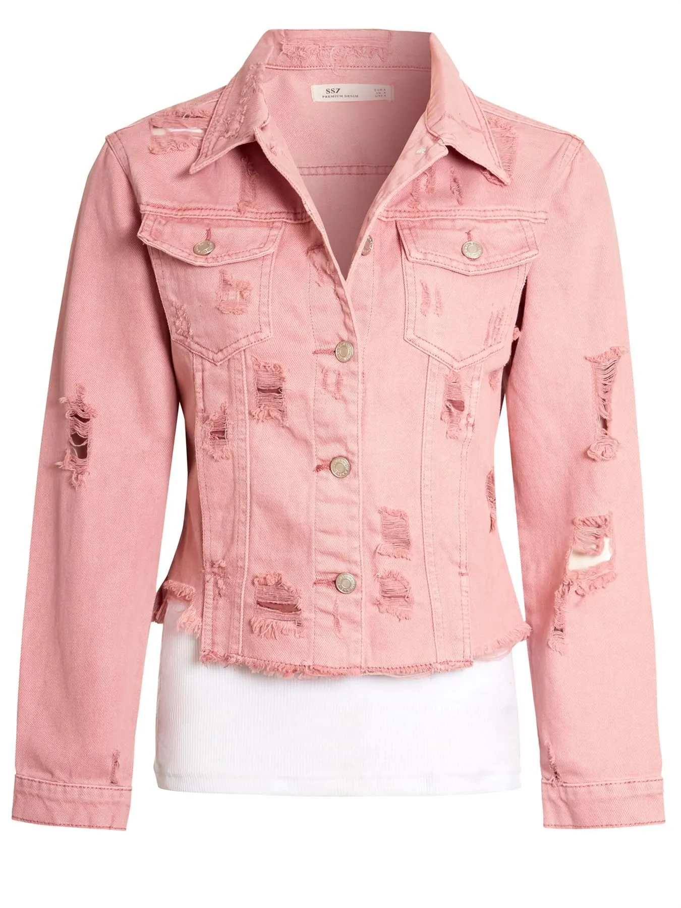 Distressed Denim Frayed Jacket, Pink, Mustard, Khaki, UK Size 8 10 12