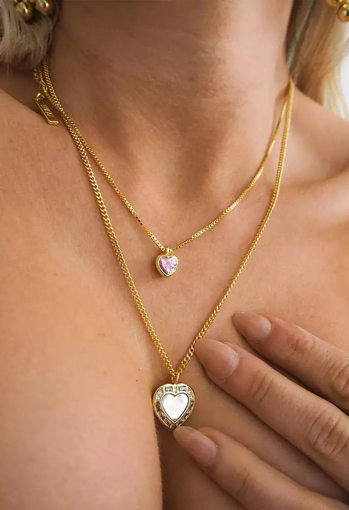 Double Heart Charm Necklace-Pink