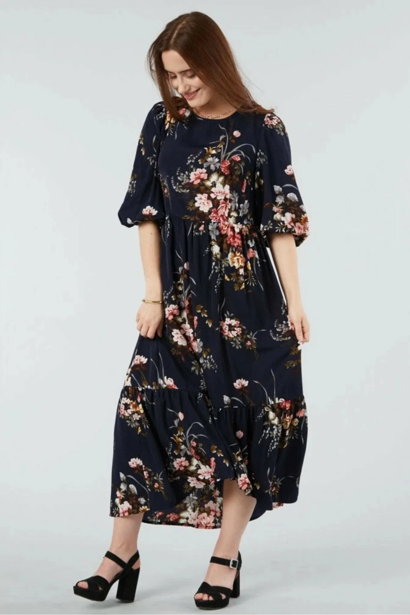 Double Second Navy Floral Printed A-line Tiered Dress