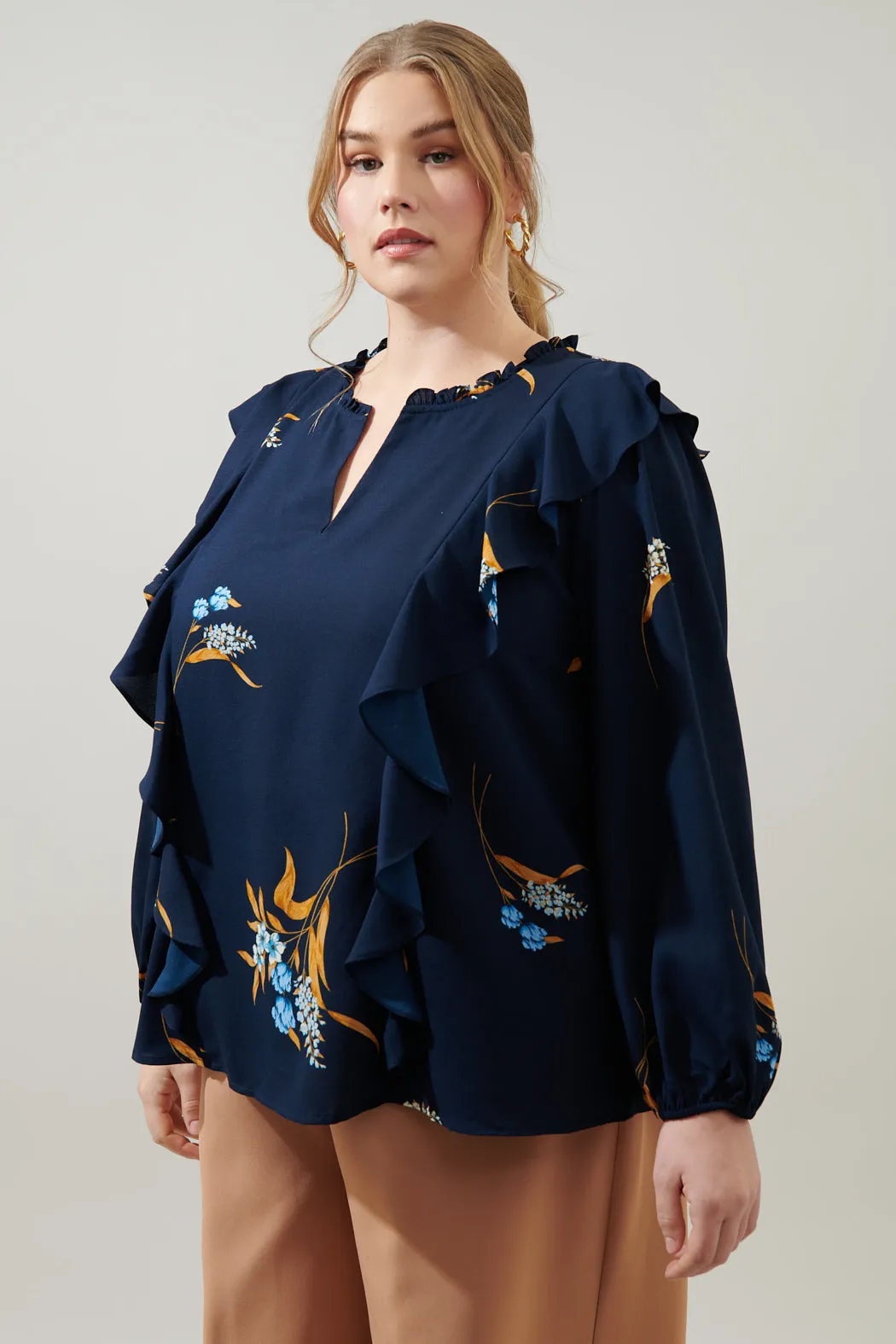 Dusk Bloom Floral Wilhem Ruffle Blouse Curve