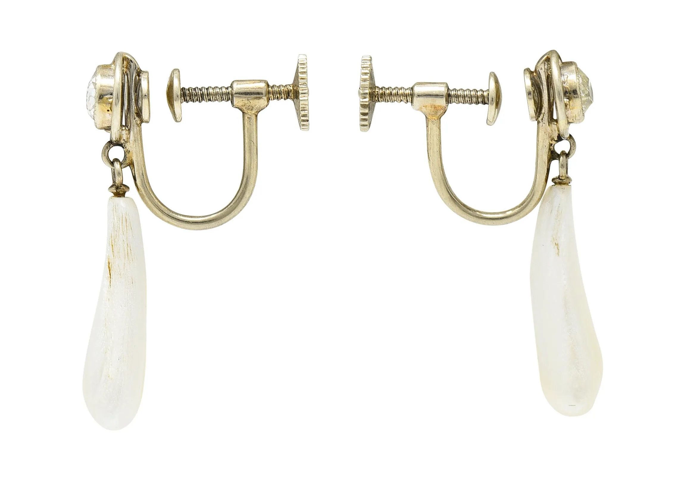 Edwardian Diamond Dogtooth Pearl 18 Karat White Gold Screwback Earrings