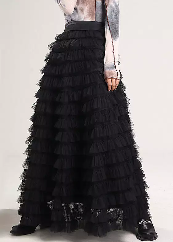 Elegant Black Solid High Waist Tulle Pleated Skirt Spring AB1044