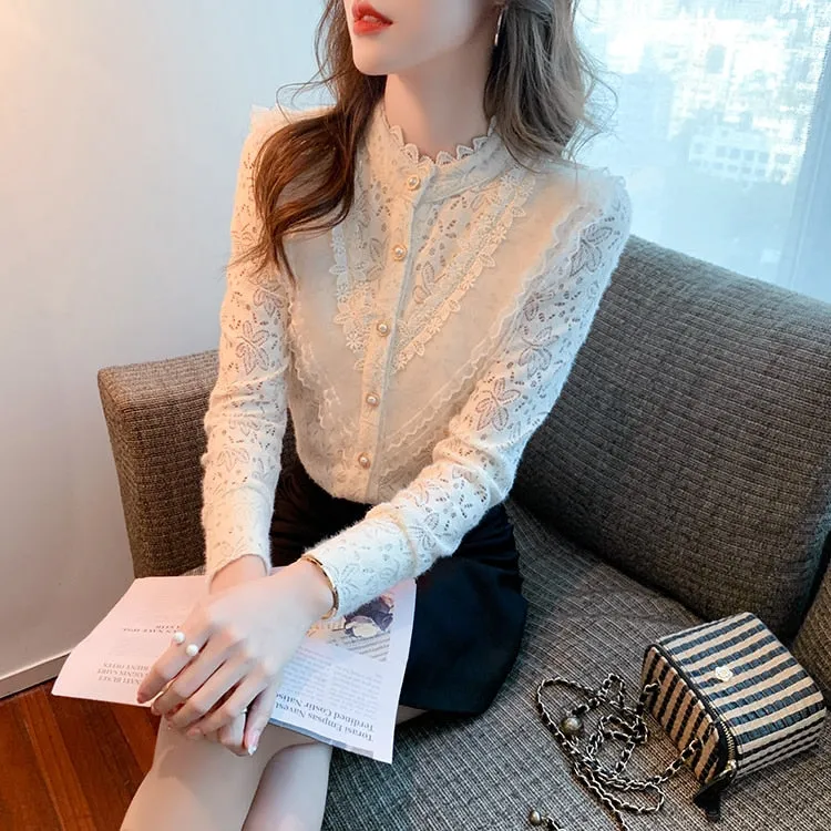 Elegant Women's Non-stretch Lace Full Sleeves Basic Office Blouse Top