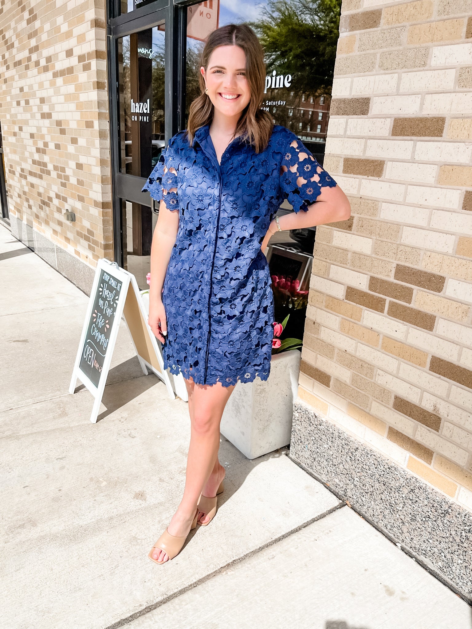 Floral Lace Button Down Collared A-Line Dress- Navy