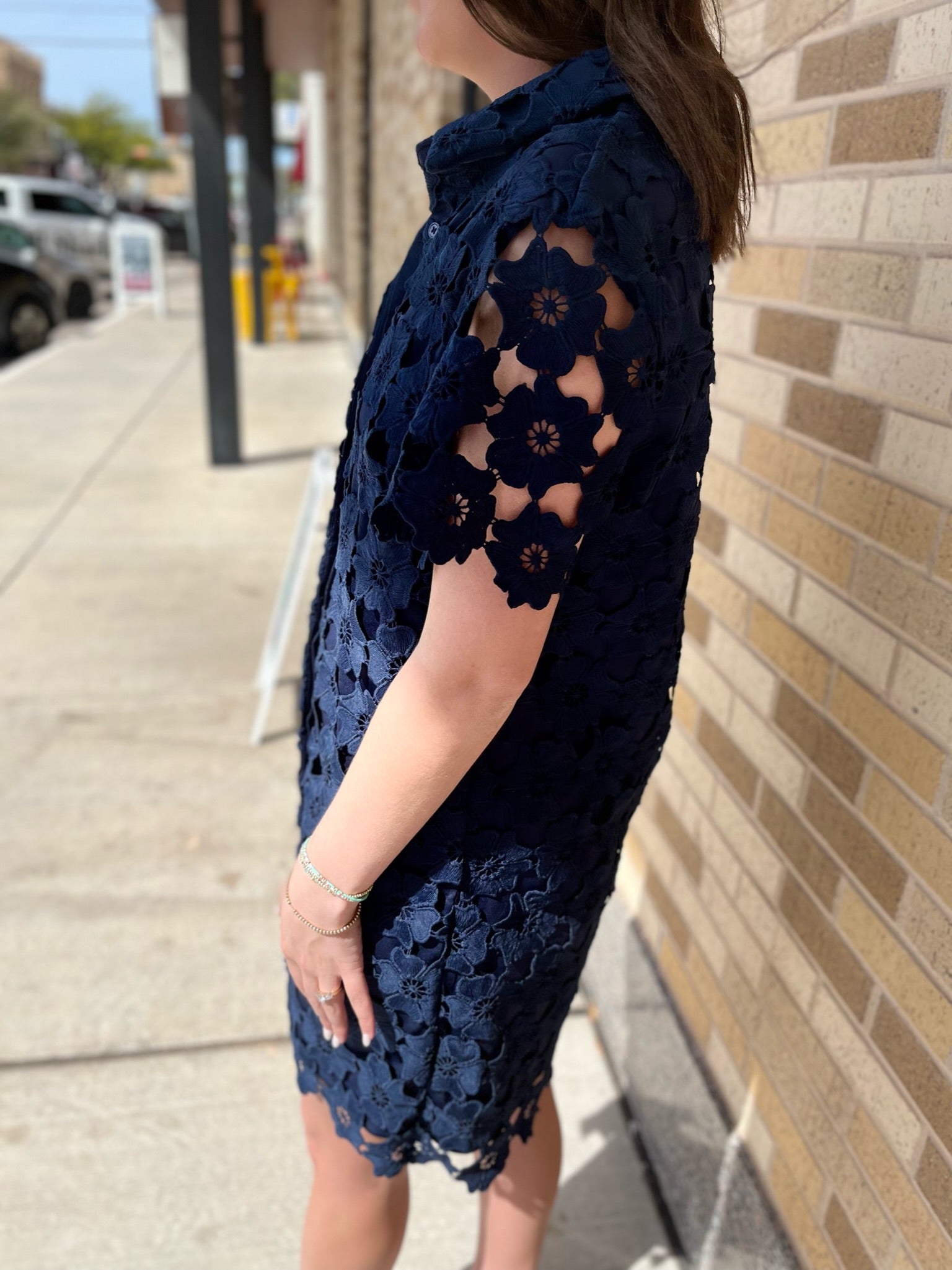 Floral Lace Button Down Collared A-Line Dress- Navy