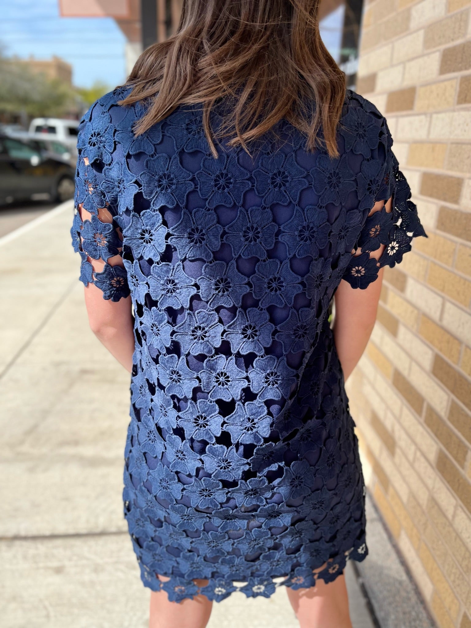 Floral Lace Button Down Collared A-Line Dress- Navy