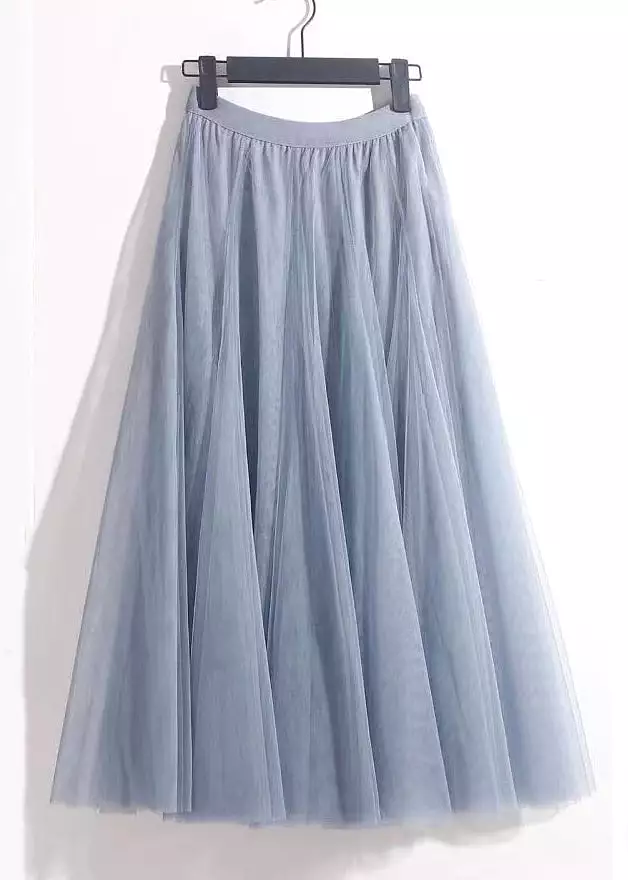 French Haze Blue Elastic Waist Tulle Pleated Skirt Summer AS1084