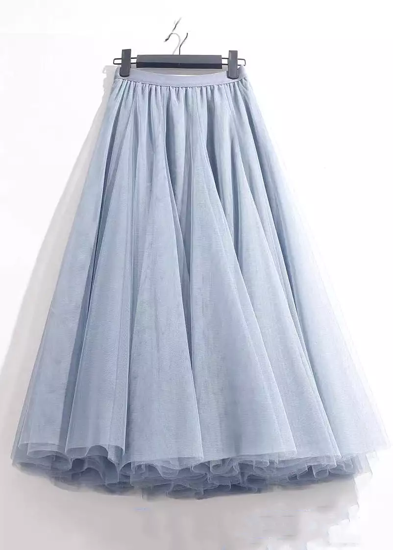 French Haze Blue Elastic Waist Tulle Pleated Skirt Summer AS1084