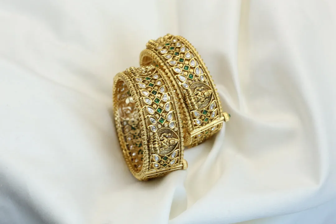 Gold Lakshmi Polki Kundan Bangles - Green