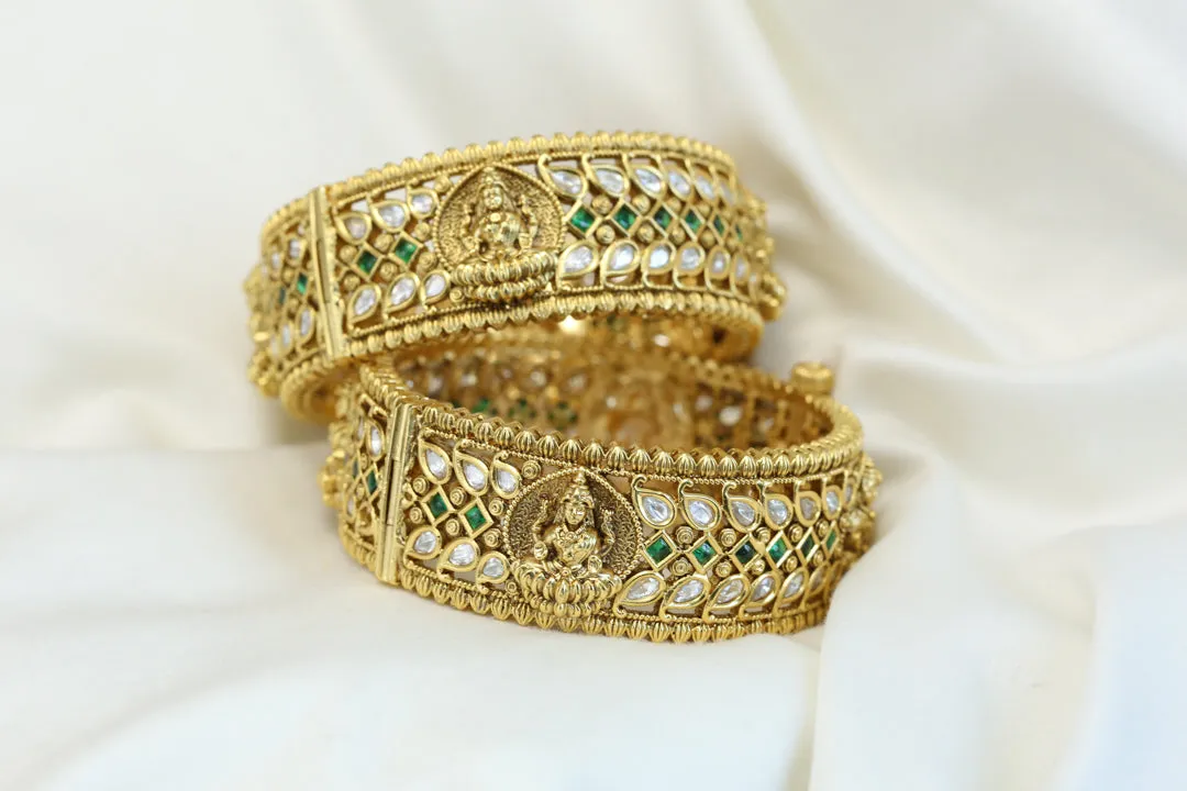 Gold Lakshmi Polki Kundan Bangles - Green